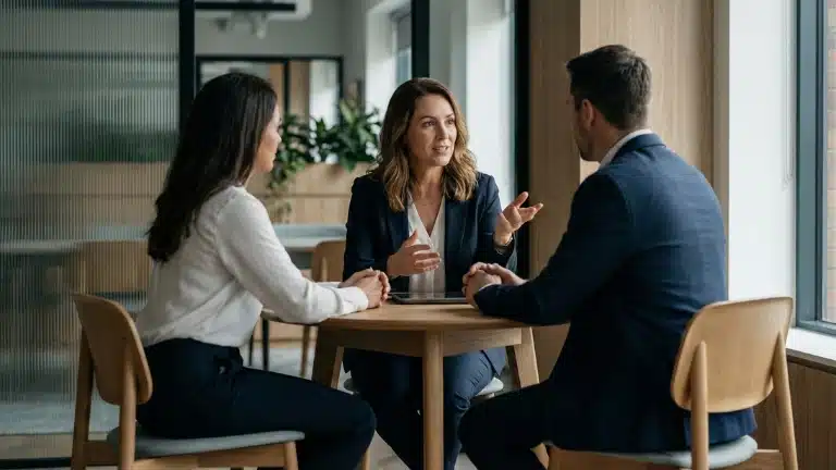 In een professionele setting vergroot een vrouw haar cirkel van invloed door proactief het gesprek aan te gaan met collega's en zich te richten op resultaten die binnen haar bereik liggen.