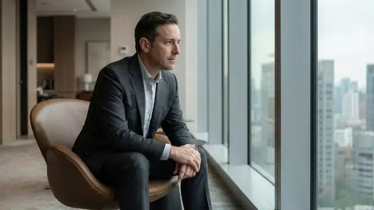 Een professional met een introverte persoonlijkheid neemt een moment van reflectie bij een groot kantoorraam om interne processen en complexe informatie diepgaand te verwerken.