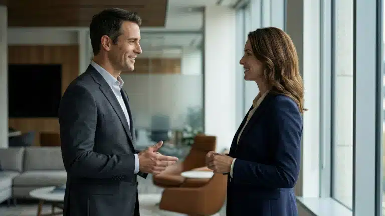 personal branding (afbeelding 1) Tijdens een overtuigend gesprek in een zakelijke lounge laat deze professional zien hoe authentieke communicatie en een sterke houding bijdragen aan een effectieve personal branding.