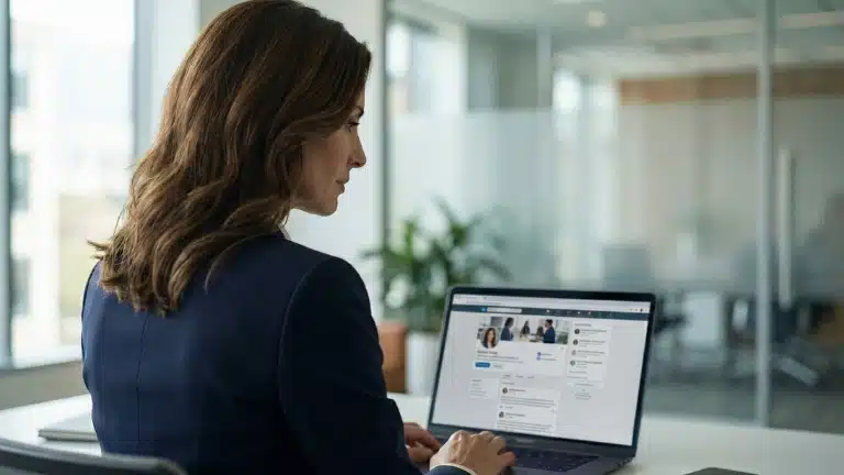 Een professional bekijkt geconcentreerd haar online profiel op een laptop om de visuele en inhoudelijke consistentie van haar personal branding over verschillende kanalen te waarborgen.