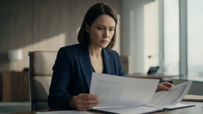 succesformule voor professionals (afbeelding 1) Een ambitieuze vakvrouw bestudeert geconcentreerd documenten in een modern kantoor, wat de basis vormt van de succesformule voor professionals waarbij inhoudelijke kwaliteit de eerste cruciale stap is naar erkenning.