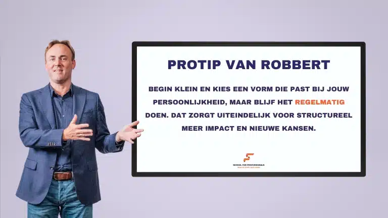succesformule voor professionals (protip) Robbert Land deelt een praktische tip over consistentie als onderdeel van de succesformule voor professionals om meer impact en nieuwe kansen in de loopbaan te creëren.
