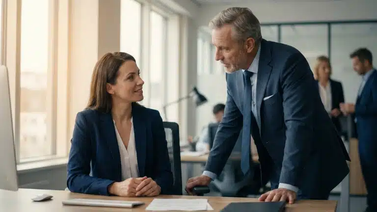 Een zelfverzekerde professional in gesprek met een leidinggevende in een lichte kantooromgeving, een treffend voorbeeld van hoe zichtbaarheid binnen de succesformule voor professionals leidt tot een grotere aantrekkingskracht en autoriteit.