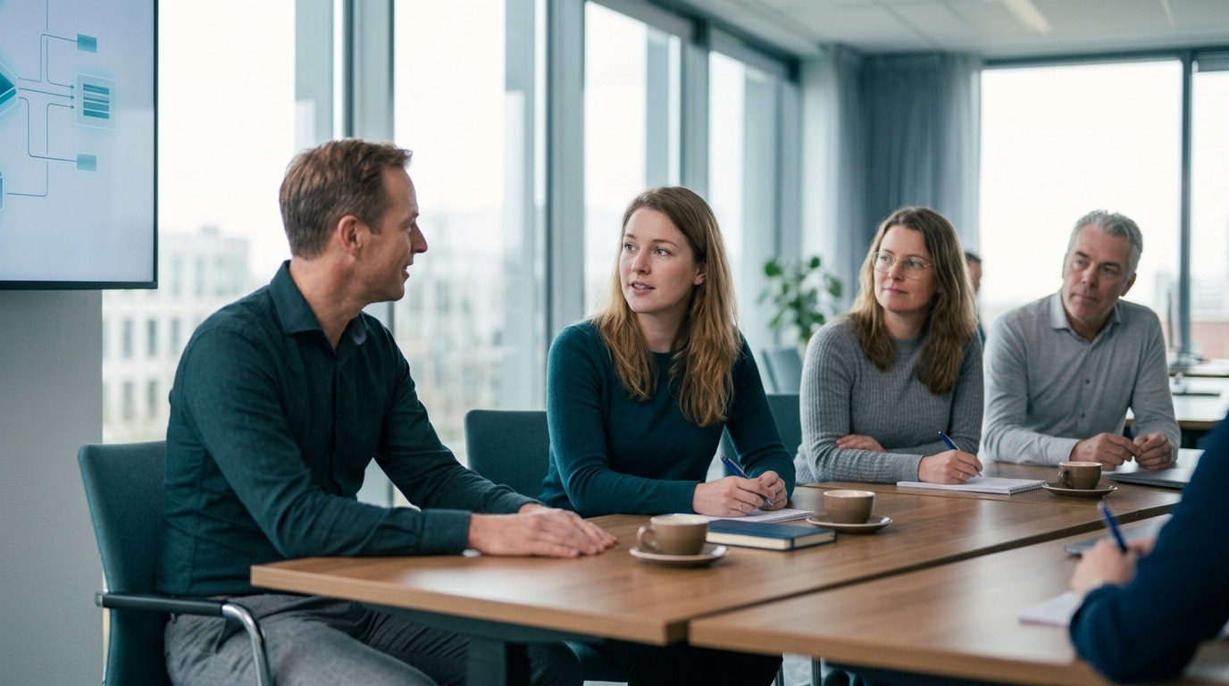 Een leidinggevende draait zich aandachtig naar een bedachtzame medewerker