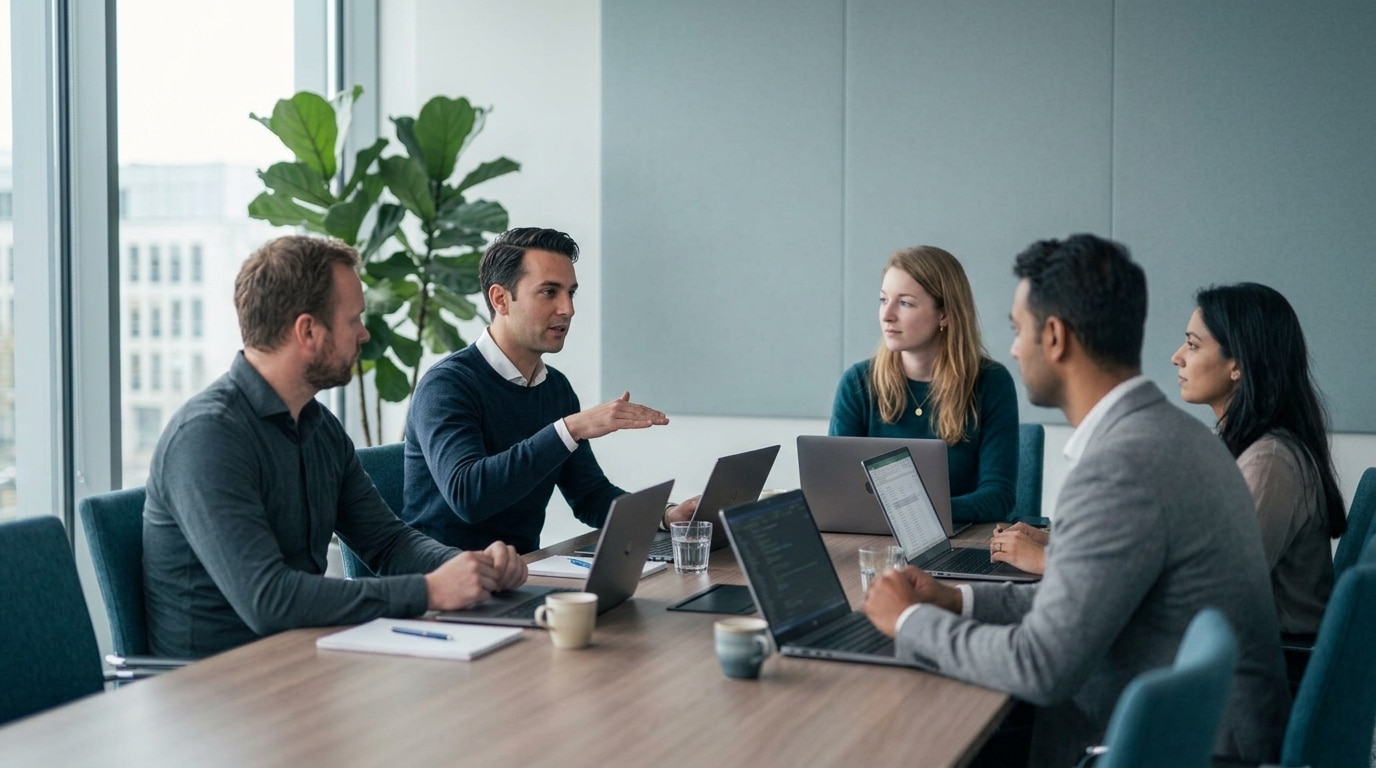 Een IT-professional zit tussen zijn collega's aan tafel en legt iets uit
