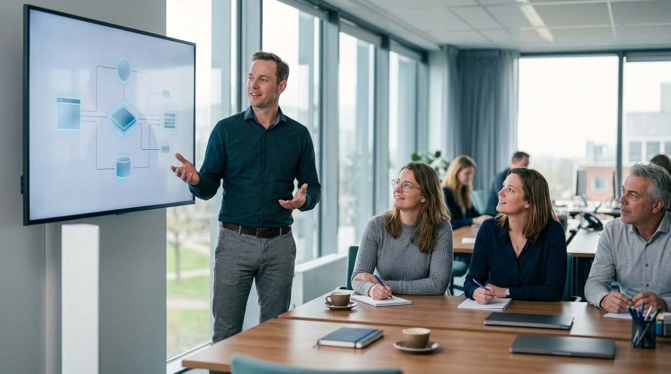Een professional legt zijn punt uit aan collega's tijdens een overleg