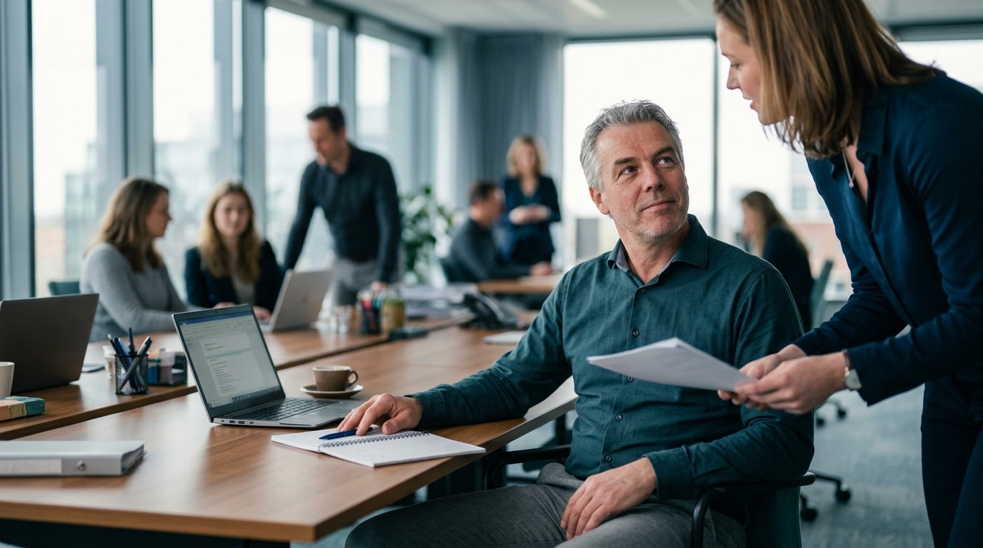 Een professional blijft rustig aan zijn bureau terwijl het om hem heen druk is