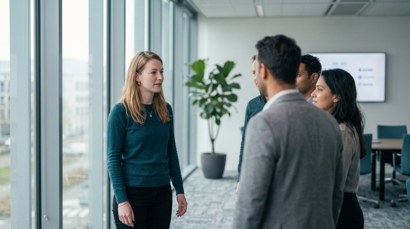 Home Een professional stelt zichzelf met rustig zelfvertrouwen voor aan een groep collega's